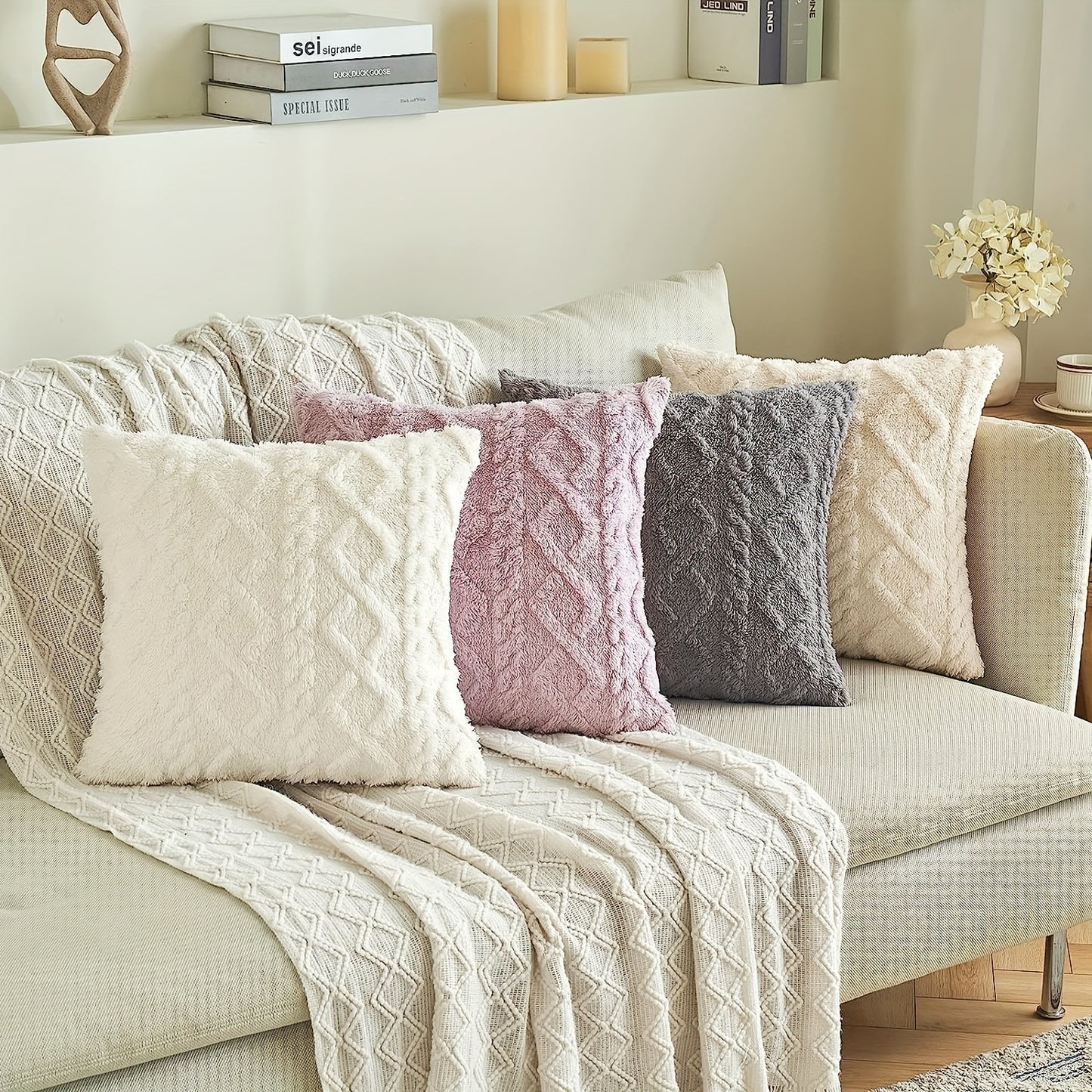 Kissenhülle mit geometrischem Muster – Weiche Plüsch-Oberfläche mit Reißverschluss